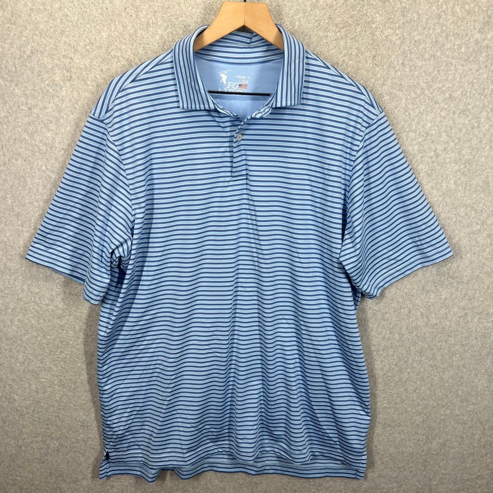 FG Tech Golf Polo Mens Large Blue Striped Short Sleeve Made in USA‎ Performance